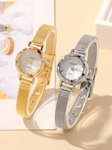 1 pieza Reloj de cuarzo de mujer pequeño, multifuncional y de moda, con esfera redonda y sencilla, correa de aleación, reloj de pareja o hermanas, adecuado para uso diario y como regalo de vacaciones - Dorado - Ver 17