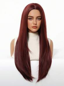 Tóc giả tổng hợp màu vàng vàng, tóc thẳng dài, tóc giả tự nhiên cho phụ nữ, tóc giả phần giữa, tóc giả hóa trang, tóc giả chịu nhiệt - Màu Đỏ Sâu - Xem 4