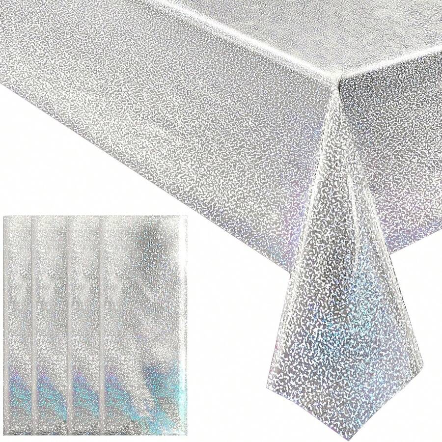 1/3pcs Silver Holographic Tablecloths Shiny Disco Laser Table Cloths 137*243cm Iridescent Plastic White Table Cover For Birthday Party, Wedding, Christmas, Winter Graduation Party Supplies - Multicolor - View 1