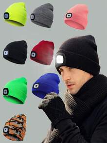 USB Rechargeable LED Knitted Beanie Hat, Unisex Warm Winter Cap With Headlamp, Knitted Night Light Hat With Flashlight - Single - View 2
