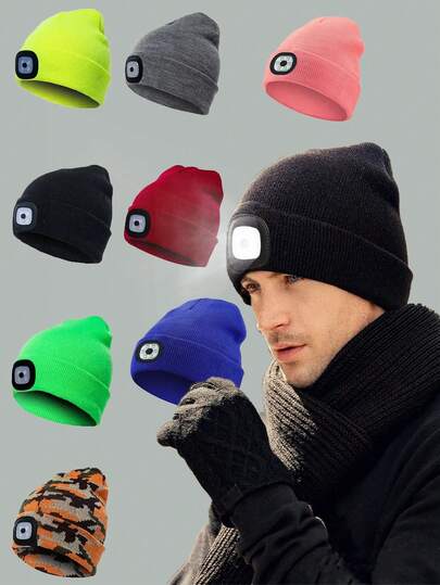 LED Beanie Hat With Light Unisex Warm Winter Hat USB Rechargeable Headlamp Cap Winter Knitted Night Lighted Hat Flashlight