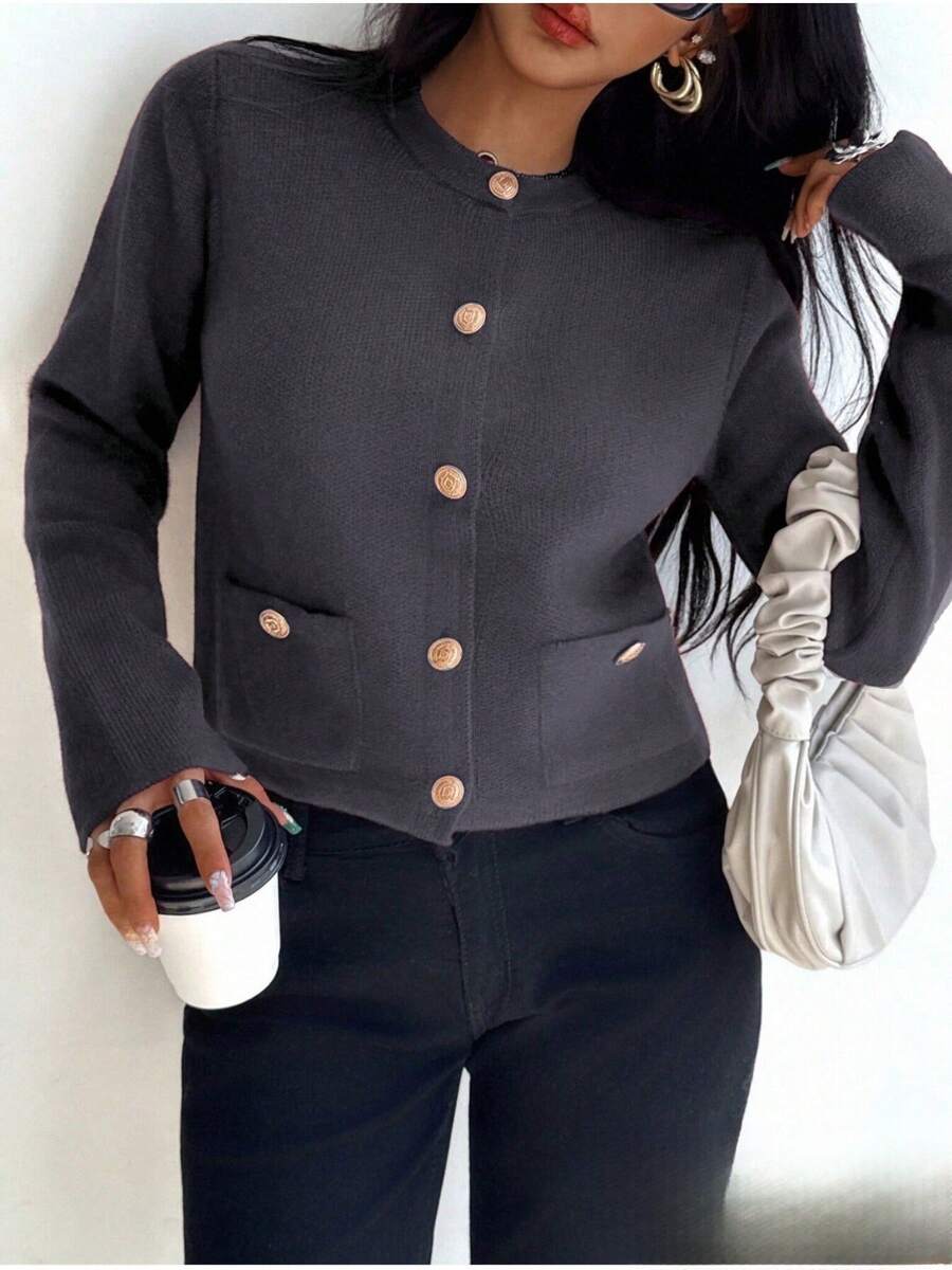 Seelio Autumn/Winter Minimalist Versatile New Gold Button Decor Knitted Cardigan - Grey - View 1