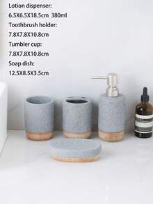 Juego de baño de 4 piezas de cerámica gris, estilo minimalista moderno, incluye dispensador de jabón, portacepillos de dientes, vaso, jabonera, el diseño de grano de madera mejora la atmósfera natural, accesorios de baño de alta calidad para encimera, material de cerámica duradero fácil de limpiar, adecuado para baño del hogar, tocador, dormitorio, oficina, organizador de tocador lujoso, pieza de decoración elegante recomendada para uso personal o regalo, práctico y ahorra espacio para el conjunto de encimera del baño