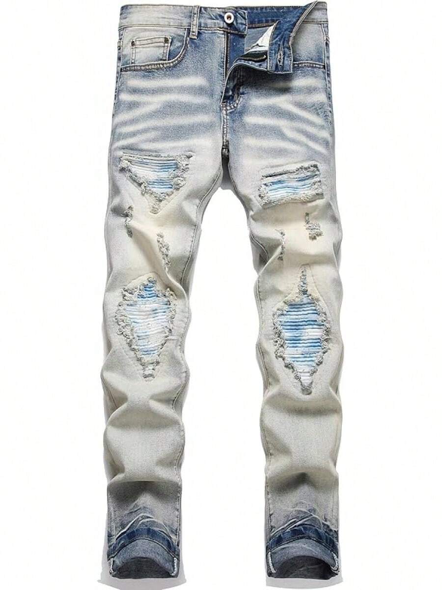 OIIIO Men's Patch Ripped Stretch Regular Fit Jean | SHEIN USA