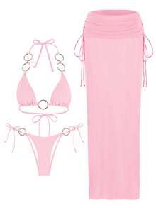 Sheer 3 PiecesBikini Sets 2025 Swimwear Nightclub Partywear Brazilian Swimsuit O-Ring Bathing Suit With Skirt Thong Biquini