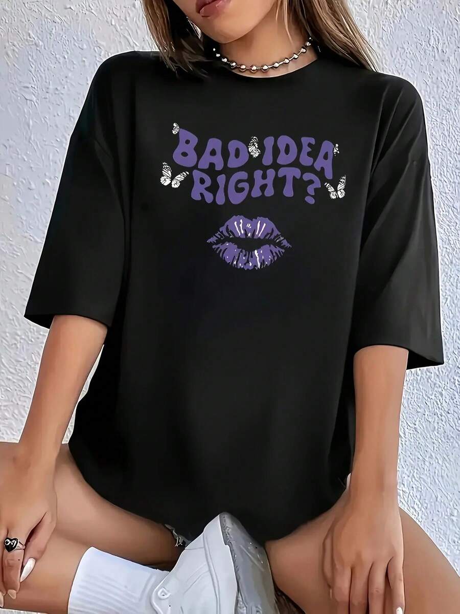 Women's 'Bad Idea' Graphic T-Shirt - Casual Short Sleeve Top With Bold Purple Print, Black Knit Fabric, Suitable For Spring And Autumn