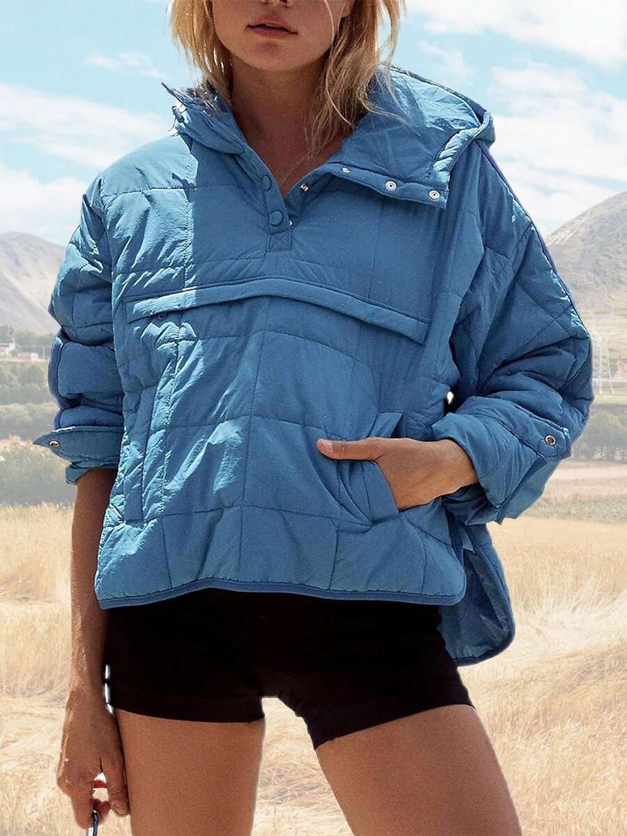 Puffer Jacket Womens Hooded Oversized Quilted Pullover Lightweight Warm Womens Winter Coats Outwear - 藍色 - 查看 1