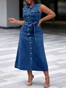 Women's Dark Blue Washed Sleeveless Denim Midi Dress, Elegant Slim Fit With Front Button Closure & Self-Tie Waist, Casual & Vacation Must-Have - Medium Wash - View 1