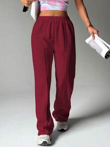女士纯色户外运动运动裤、休闲健身慢跑裤 - 酒紅色 - 查看 3