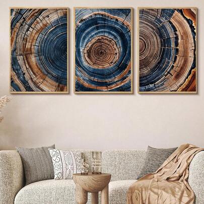 3件/套，帆布墙饰，带框墙饰，彩色树环帆布墙饰套装，抽象蓝棕色木纹墙饰，自然现代树环纹理艺术品，复古家居装饰，房间装饰，宿舍装饰，卧室装饰，餐厅装饰，客厅装饰