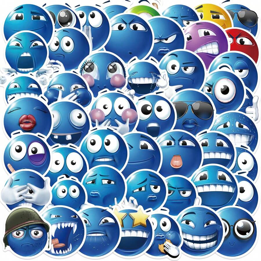 50Pcs Funny Smiling Meme Stickers Funny Meme Stickers Meme Stickers Face Stickers Spoof Graffiti Decal Meme Gifts Blue Stickers Vinyl Waterproof Stickers For Water Bottle, Hydroflask, Guitar, Luggage, Phone, Case, Laptop, Skateboard, Gift - Multicolor - View 1
