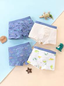 4pcs/Pack Young Boy Cartoon Dinosaur Print Boxer Briefs, All Season