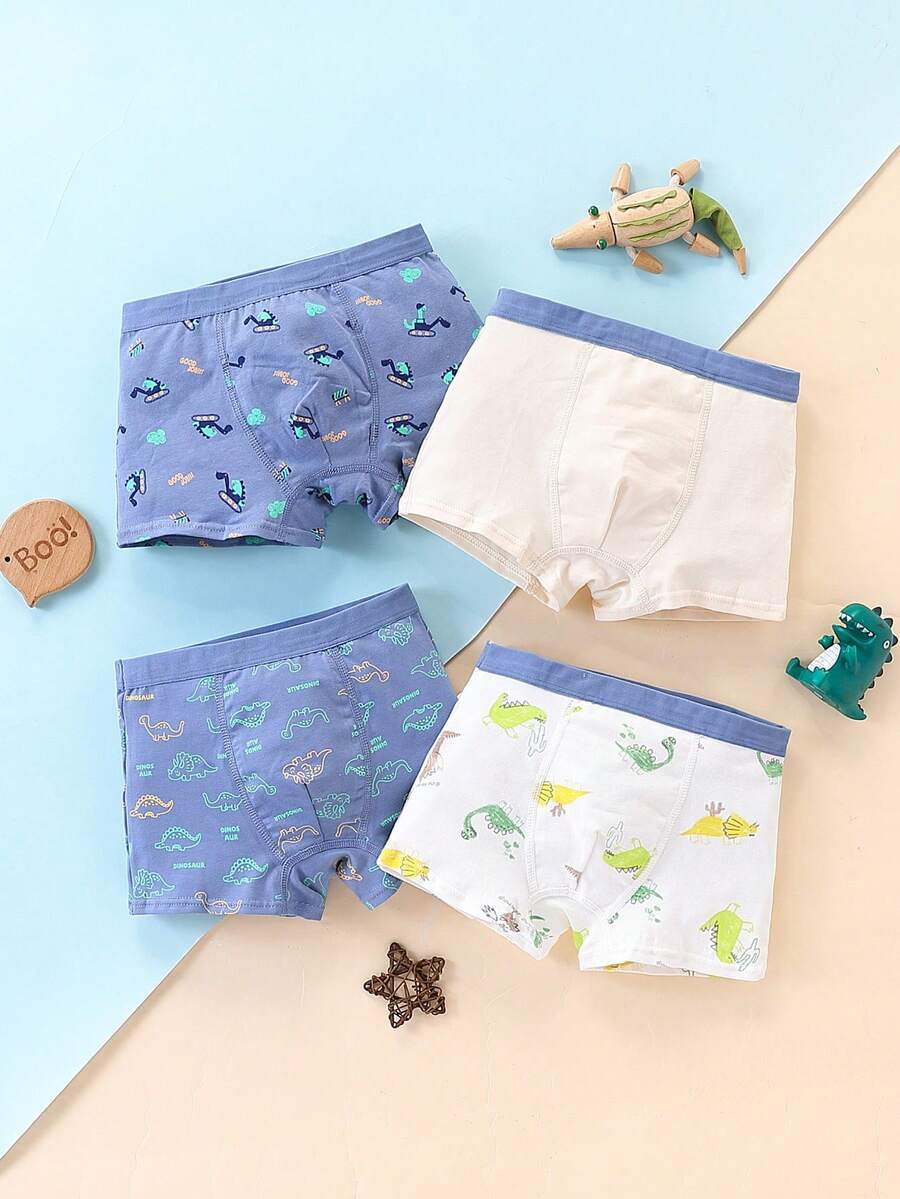 4pcs/Pack Young Boy Cartoon Dinosaur Print Boxer Briefs, All Season