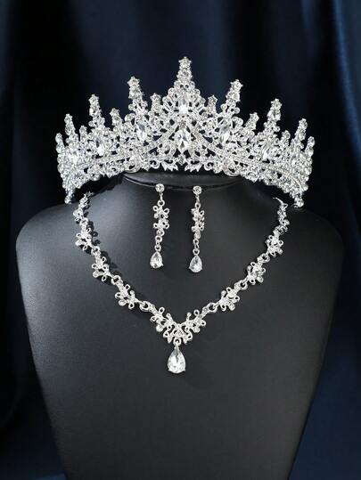 Set de 4 piezas de accesorios de corona, corona de reina elegante y glamorosa con cristales, collar, aretes, accesorios de boda y San Valentín