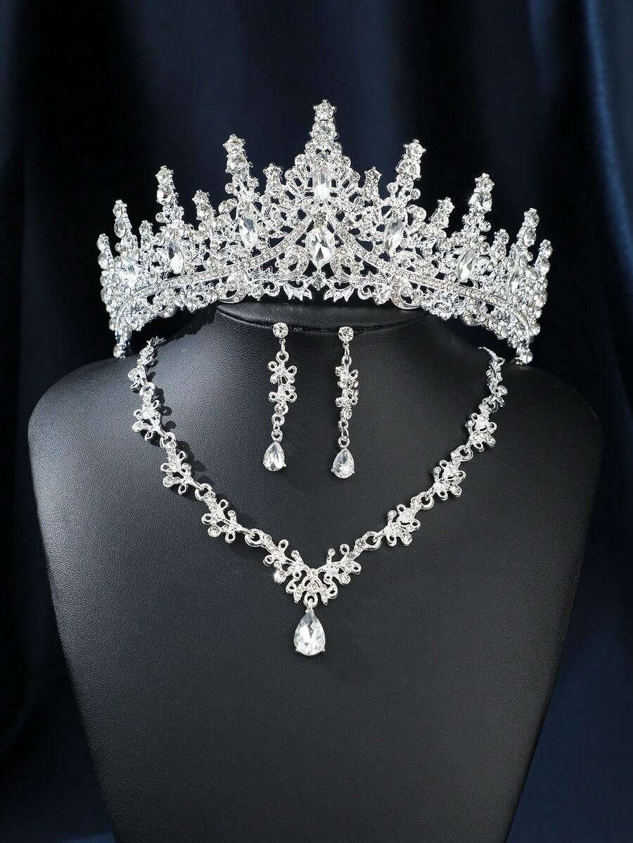 4件套皇冠头饰套装，优雅迷人的水晶女王皇冠项链耳环新娘婚礼配饰情人节配饰