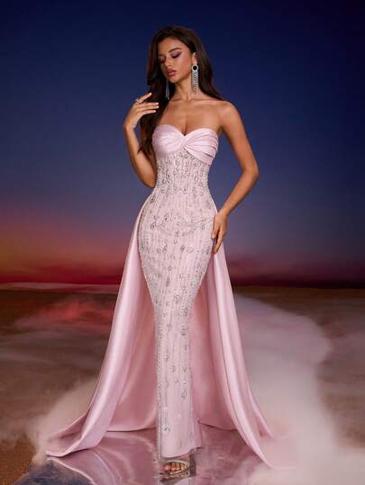 Fitted Strapless Women Evening Dress For Party Wedding Pink