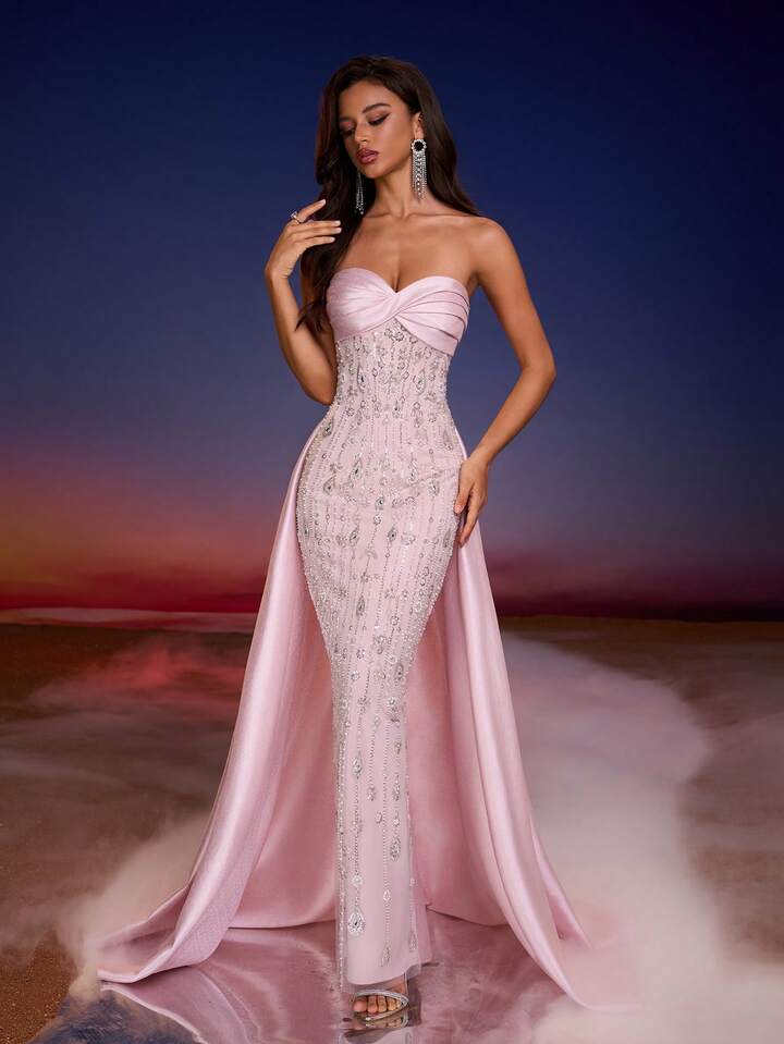 women's light pink strapless dress for a wedding shein Fitted Strapless Women Evening Dress For Party Wedding Pink