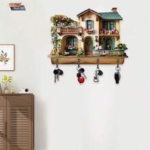 Key Holder For Wall Wooden 2D Flat Village House Shape Key Hooks Hanging Wall Decor For Entryway Living Room Home - xanh quân đội - Xem 2
