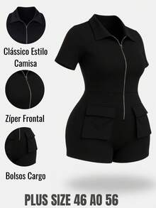 Short Cargo Jumpsuit Plus Size Tight Fashion Gringa Fitness Everyday Stylish Summer - Black - View 1