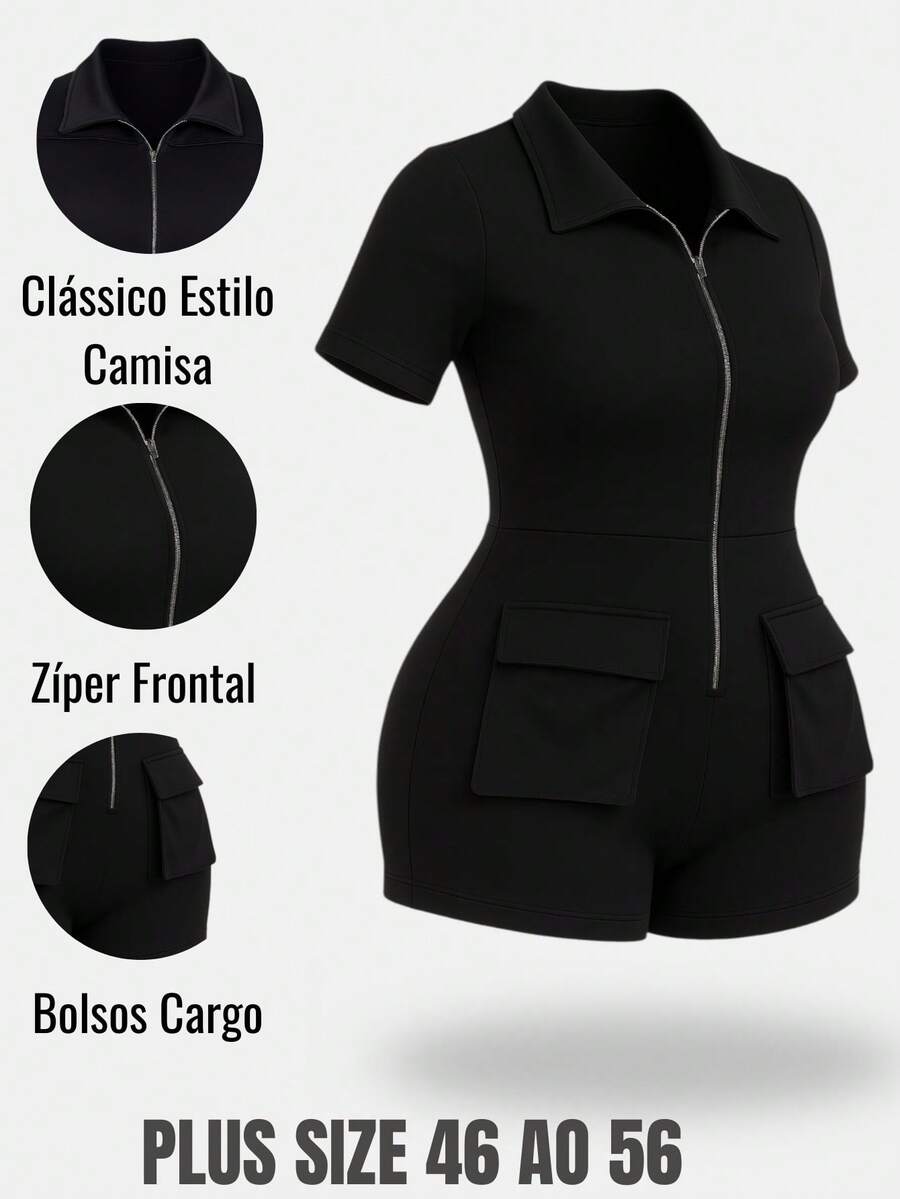 Short Cargo Jumpsuit Plus Size Tight Fashion Gringa Fitness Everyday Stylish Summer - Black - View 1