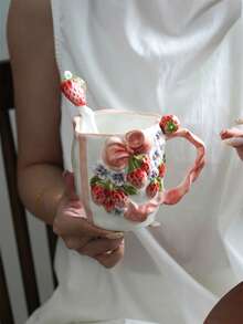 1 Pieza Taza de cerámica hecha a mano con relieve en forma de lazo, taza de café o té de la tarde para el hogar con cuchara, regalo exquisito de cumpleaños para la novia, regalo exquisito de Navidad y Año Nuevo