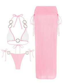 Sheer 3 PiecesBikini Sets 2025 Swimwear Nightclub Partywear Brazilian Swimsuit O-Ring Bathing Suit With Skirt Thong Biquini