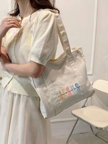 Stylish Semi-Circular Beige Printed Women's Handbag - Features Interior Pockets; Minimalist Style, Printed Shoulder Bag, Large Capacity Design - Beige - View 5