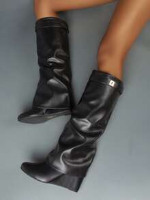 Women's New The Knee Boots Round Toe Wedges High Heels Slip-On Shark Lock Decor Vintage Streets Style Designer - Black - View 11