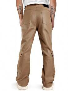 Mens Faux Leather Cargo Pants Flared Bell Bottoms With Pockets For Men 70s Party Pants-20256688 - 棕卡其色 - 查看 2