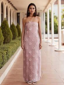 Women Long Dress 3D Flower Tube Dress Summer Fashion Backless Casual Strapless Dress - Hồng - Xem 9