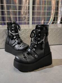 Damskie buty sportowe jesień i zima 2025 w stylu punk z grubym dnem i okrągłym noskiem, zapinane na zamek błyskawiczny z boku, czarne, brzoskwiniowe, serduszko, damskie, wysokiej jakości, lekkie, antypoślizgowe, miękkie i wygodne, podwyższone buty robocze, damskie, poliuretanowe, zintegrowane, smukłe, podwyższone buty, Halloween, studentki muszą podwyższyć smukłe, uniwersalne buty do uprawiania sportów na świeżym powietrzu, buty zimowe, czarne buty na obcasie, czarne buty na obcasie dla kobiet, brązowe buty świąteczne - Czarne - Zobacz 10