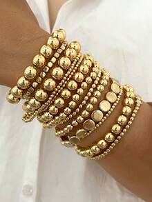 5-19pcs Set Beaded Stackable Bracelets, Fashion Minimalist Elegant Vintage Geometric Circle Square Star Multi-Size Round Bead Stretchy Bracelets, Great Gift For Festival, Holiday, Party, Dating, Everyday Wear - Gold - View 12