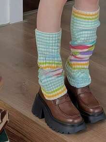 1pair Colorful Millennial Hot Girl Striped -Contrast Color Ins Style Pile Knitted Yarn Leg Cover-Pay Attention To The Random Color Position Of Color Buttons, Cozy
