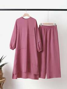 Women's Modest Two Piece Set Long Sleeve Tunic Top With Wide Leg Pants