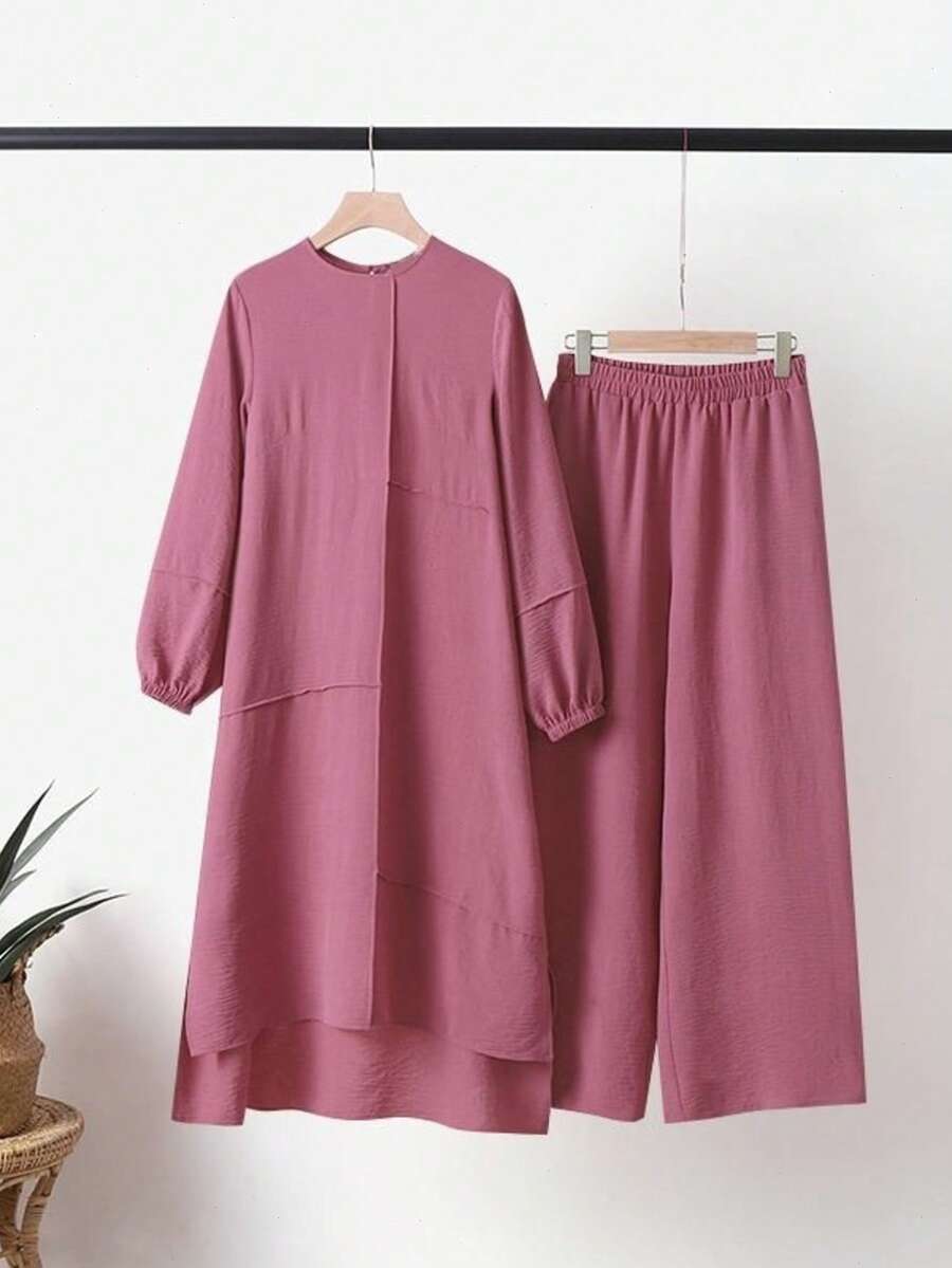 Women's Modest Two Piece Set Long Sleeve Tunic Top With Wide Leg Pants