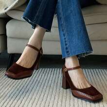 Empalme retro francés de zapatos raros de Mary de boca clara marrones, zapatos de mujer abrochados con tacones altos, zapatos de mujer gruesos, Zapatos de tacón de mujer - Marrón - Ver 1