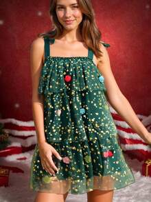 Womens Christmas Tree Costume Dress Ruffle Tiered Tull Tutu Party Festive Dress - Green - View 2