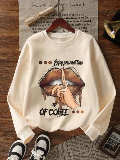 Sudadera casual de mujer con cuello redondo y estampado de gesto de mano de café, de moda y versátil, adecuada para otoño/invierno