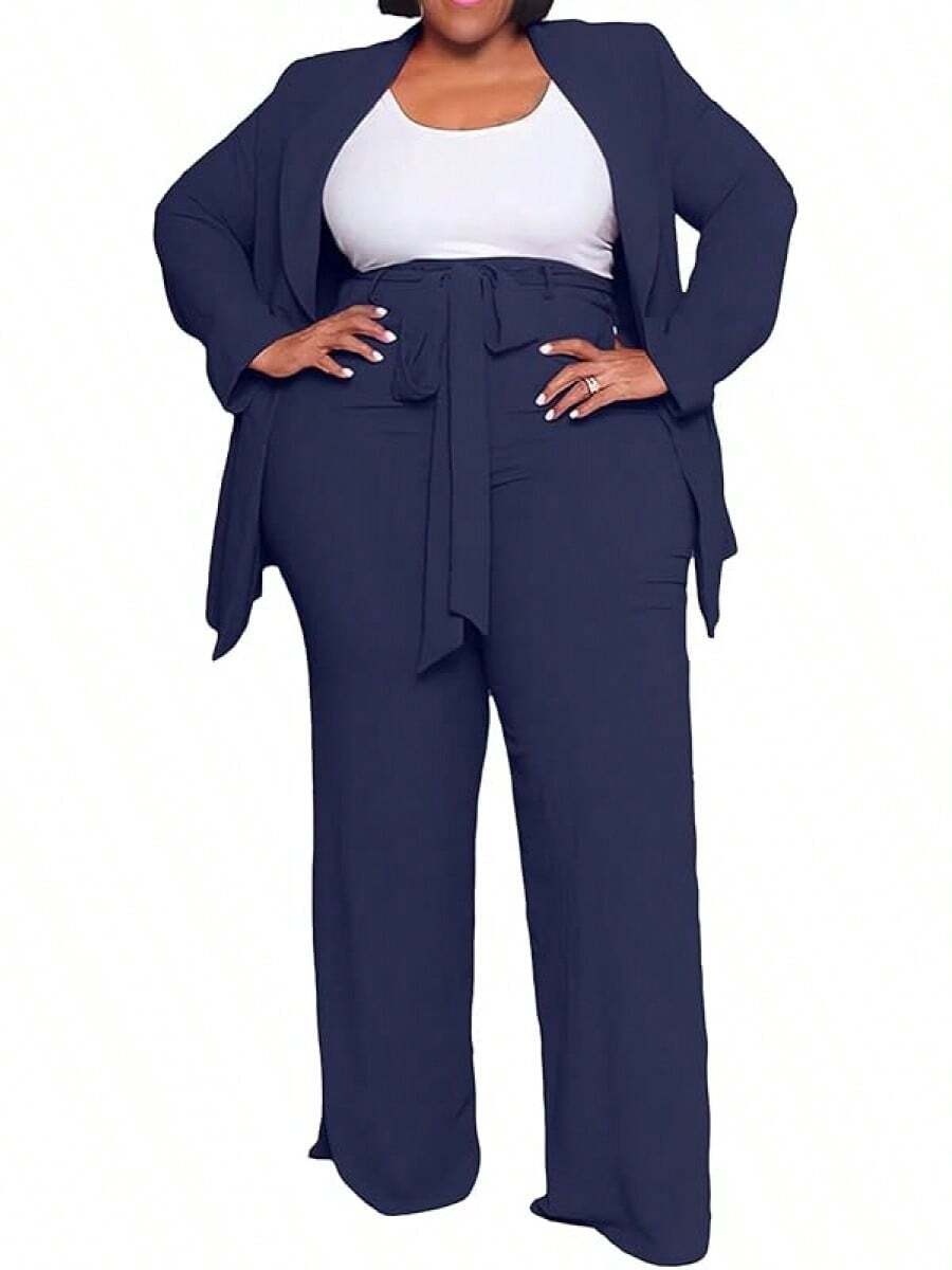 Plus Size Women's Business Open Front Long Sleeve Elastic Waist Solid Straight Leg Pant Set - Office Suits ZANC - 藏蓝色 - 查看 1
