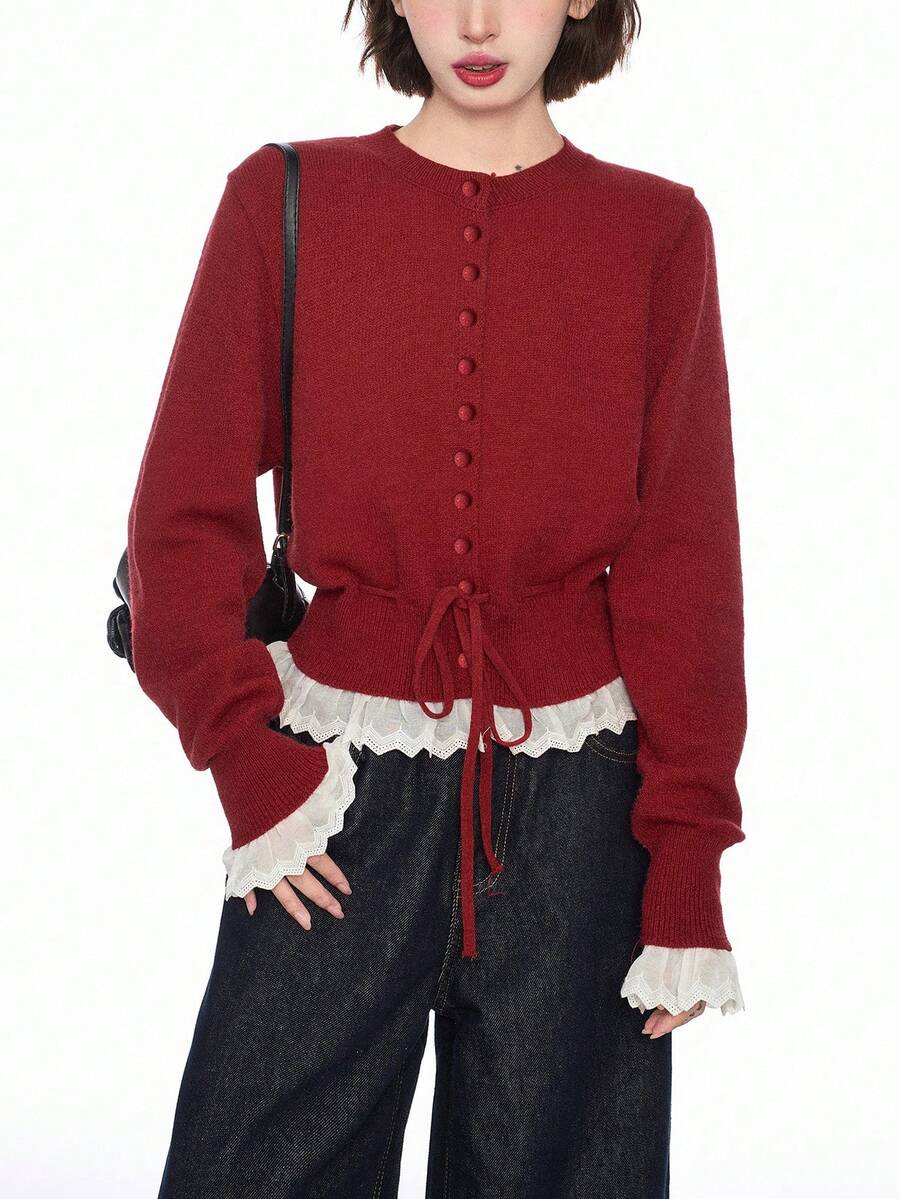 Alicedudu Damen Kontrast-Farbige Rüschen-Saum Rundhals Strickjacke, Herbst/Winter - Rot - Übersicht 1