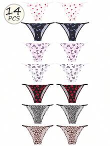 Random 14 Pieces Of Women's Printed Panties, Briefs Or Thongs, Seamless, Breathable And Comfortable Printed Underwear - 彩色 - 查看 3