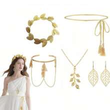 5-Piece Greek Goddess Costume And Accessory Set, Including A Golden Laurel Leaf Headpiece, Tassel Waist Chain, Leaf-Shaped Necklace, Hollowed-Out Golden Leaf Earrings And Armbands. An Elegant Gift For Myth Lovers, Suitable For Female Party Brides' Weddings, Halloween Medusa Role-Playing, Bride Photo Shoots, And Bohemian-Style Weddings - Multicolor - View 6