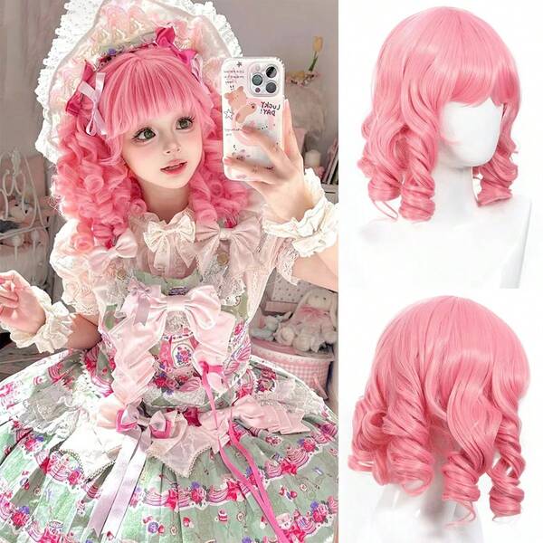 12inch Pink Synthetic Roman Curly Wavy Bob Wig With Bangs Suitable For Women's Daily Role-Playing Party Halloween Use The Words Of Daji And Melody