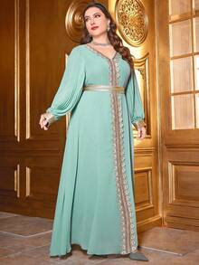 Plus Size Women's Embroidered Ribbon V-Neck Casual Maxi Dress, Arabic Style Long Sleeve Dress With Ribbon Decor, Suitable For Daily Wear And Festivals - Mint Green - View 6
