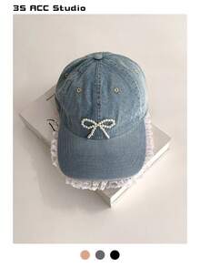 1顶蓝色软顶蕾丝边牛仔宽檐棒球帽，可爱女孩小脸型修饰脸型，超大帽檐百搭帽，新款可爱复古水洗户外加长帽檐帽，夏季沙滩 - 彩色 - 查看 14