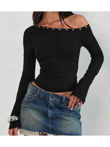 Women's Off One Shoulder Tops Fashionable Solid Color Long Sleeve Slim Fit Shirts - 黑色 - 查看 5