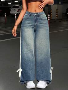 Autumn Women's Clothing, American Style Side Striped Jeans, Women's Design Sense, Washed Casual Pants, Fashionable Loose Wide Leg Mid Waist Jeans