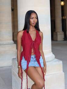 Mima John 夏季浪漫荷叶边丝带和 3D 花朵领结夏季女式上衣音乐会性感 - 酒紅色 - 查看 2