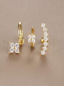 Juego de 3 pendientes de flor de circonita de acero inoxidable para mujeres, aretes de aro hipoalergénicos chapados en oro de 18K para el trago, hélix y cartílago, joyería para uso diario - Oro-15 - Ver 2