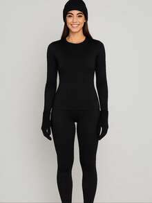 Complete Unisex Winter Thermal Kit – Top + Pants + Hat + Touch Gloves | Slim And Plus Size Flannel Second Skin - 黑色 - 查看 1